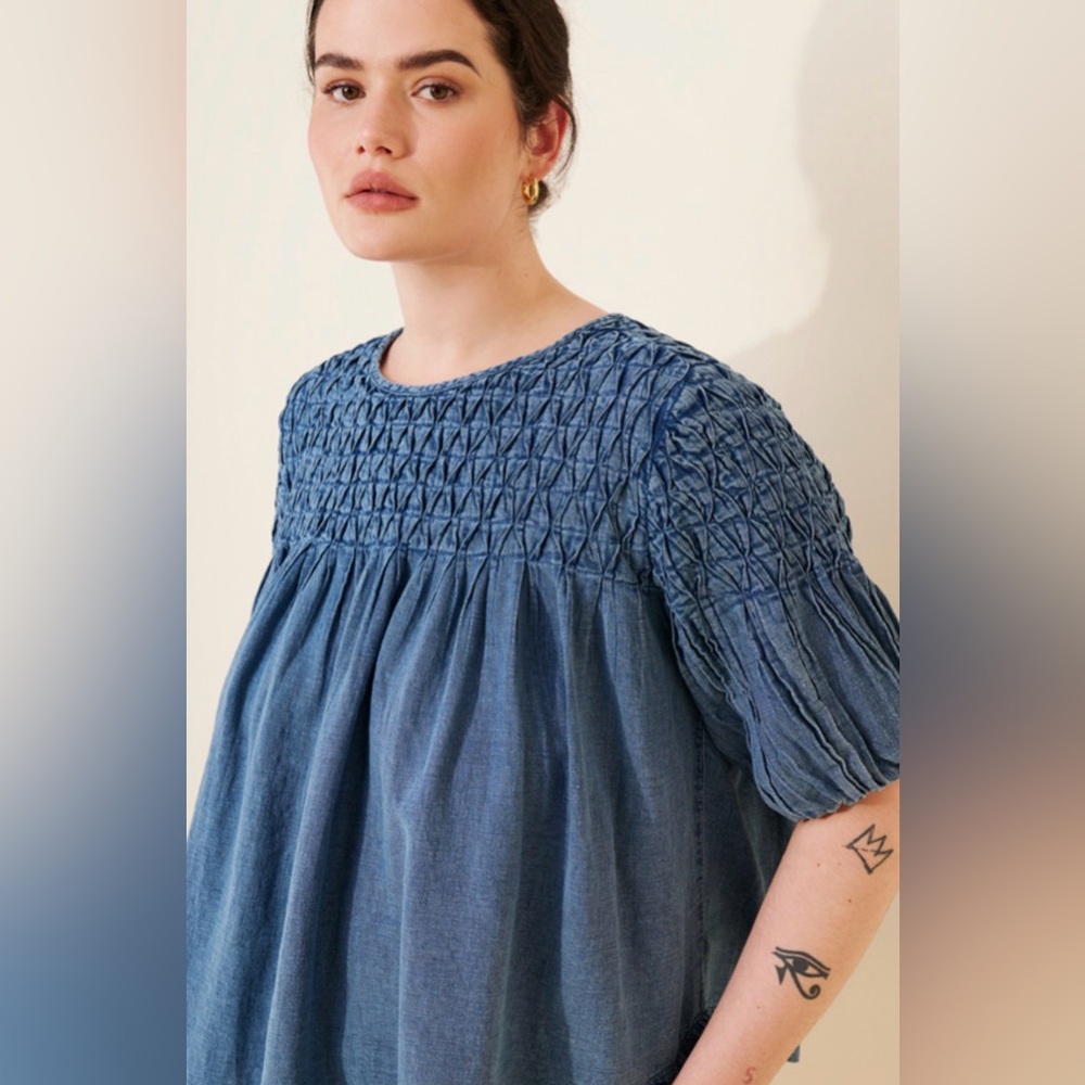 Smocked Blue Women's Peasant Top - Picture 8 of 9